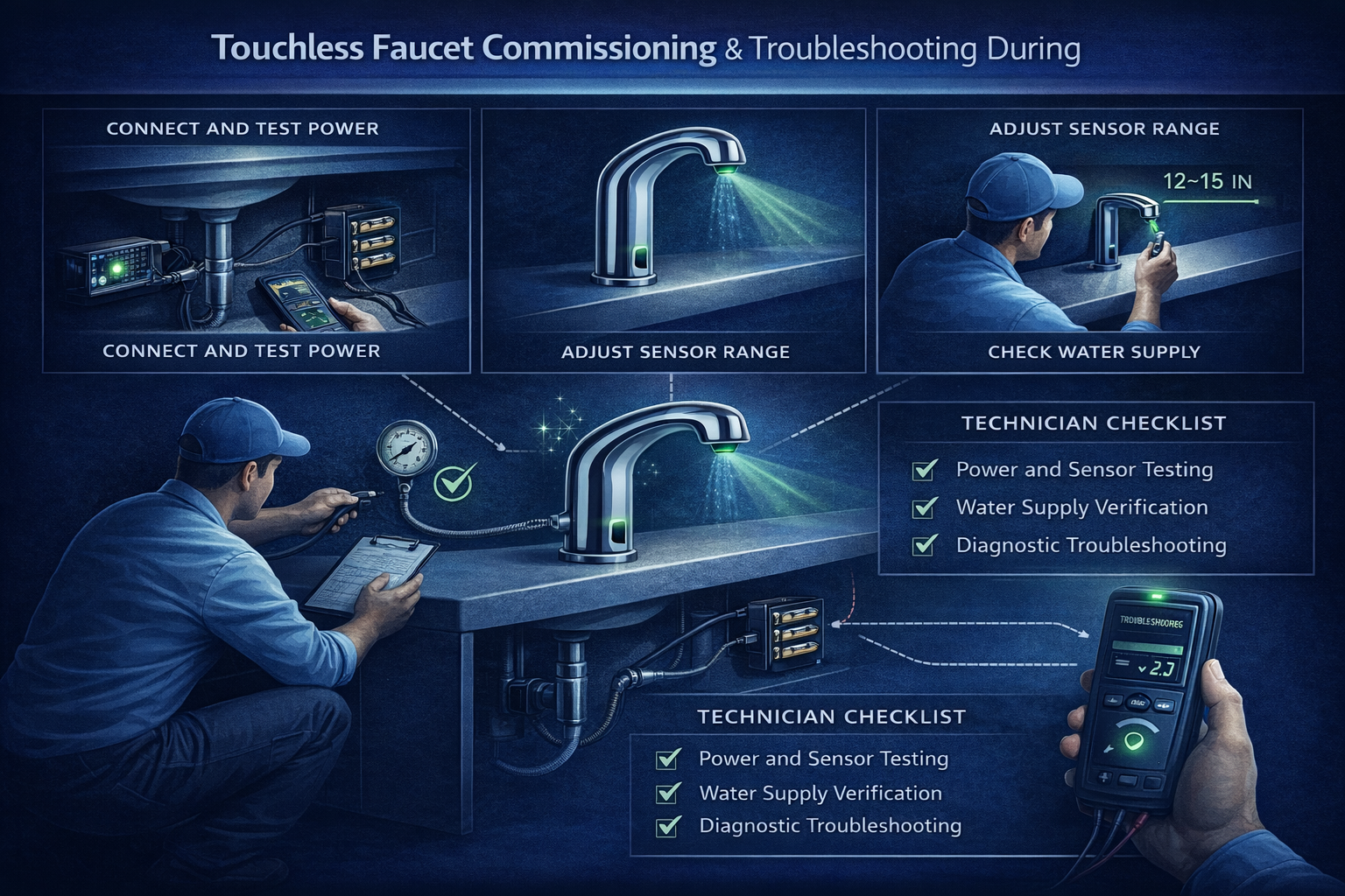 Touchless faucet commissioning and troubleshooting during installation phase